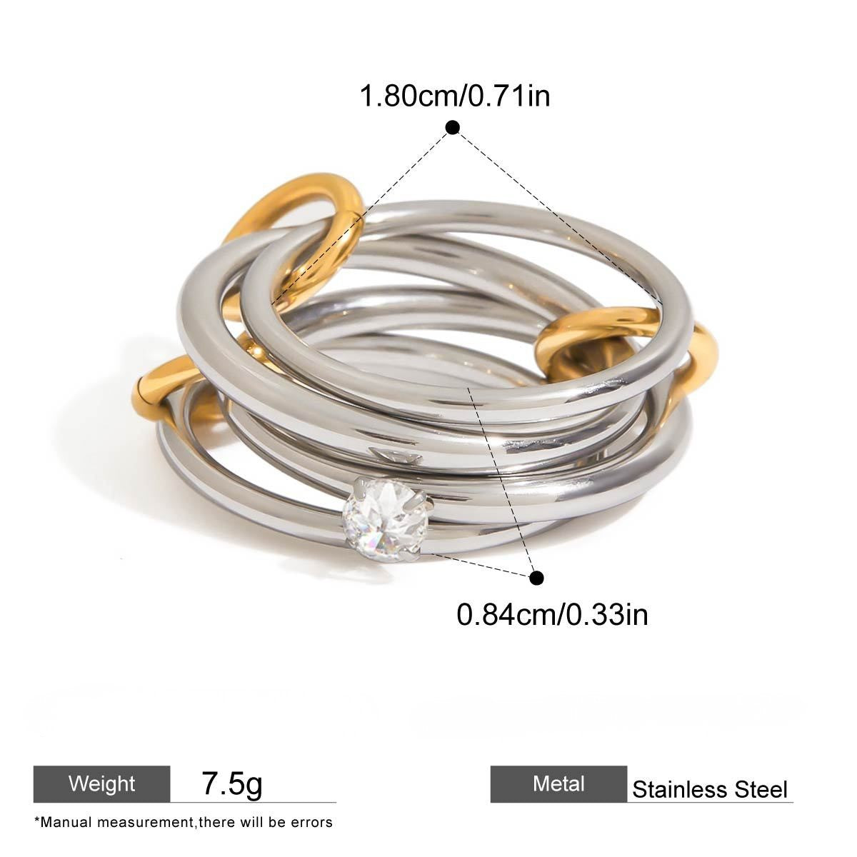 Interlocking Stainless Steel Ring Series — Large Solitaire Drop Multi-Band Ring · Silver · 8