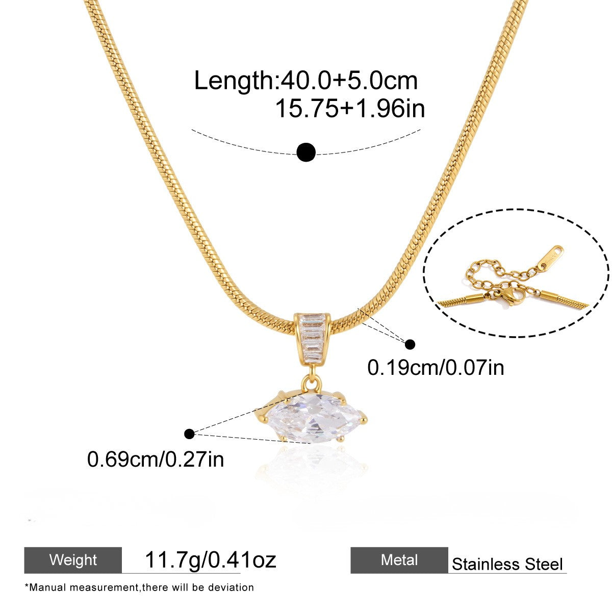Geometric Solitaire Necklace Collection — Marquise Cut Snake Chain · Gold