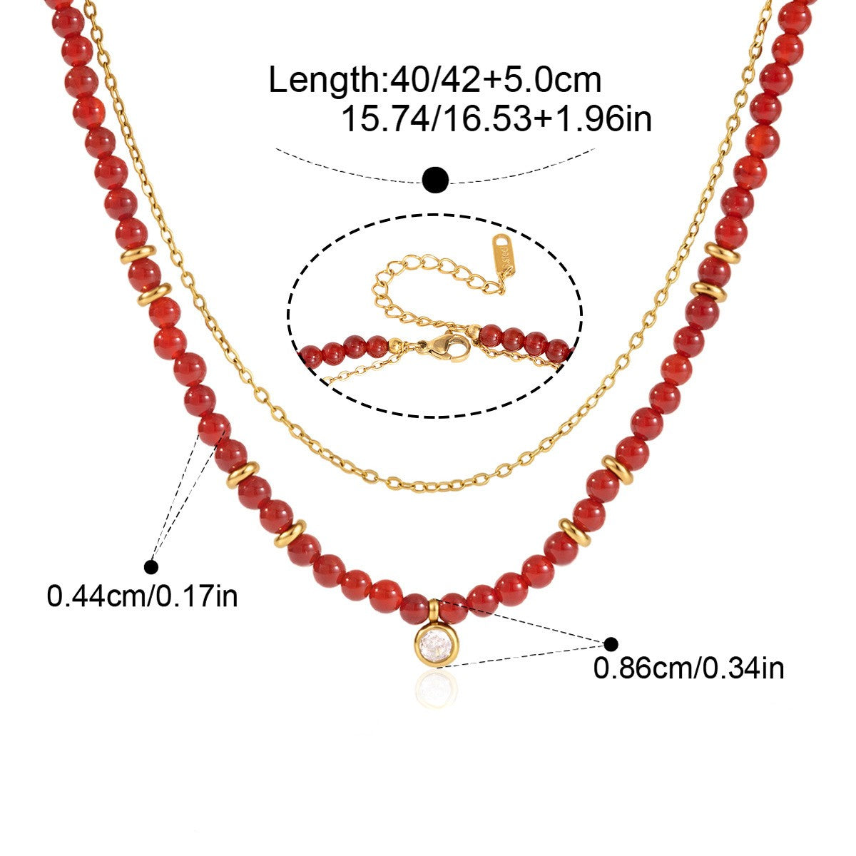 Boho Layered Pearl Necklace — Red Bead Crystal Pendant · Gold