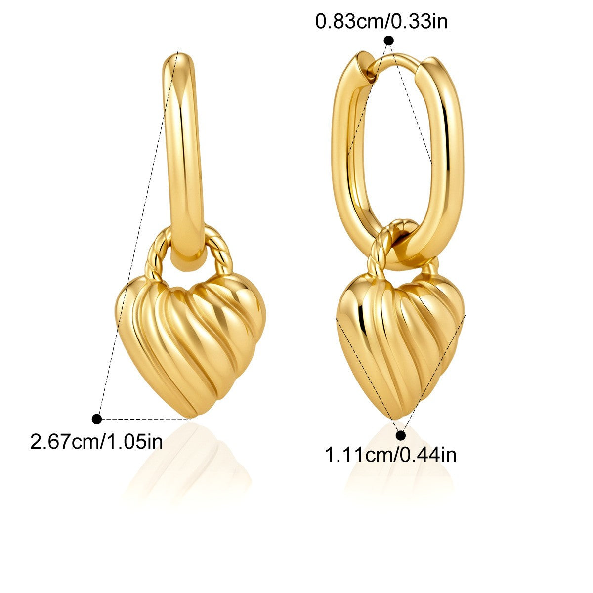 Twisted CZ Heart Drop Earrings — Ribbed Heart Charm Drop · Gold