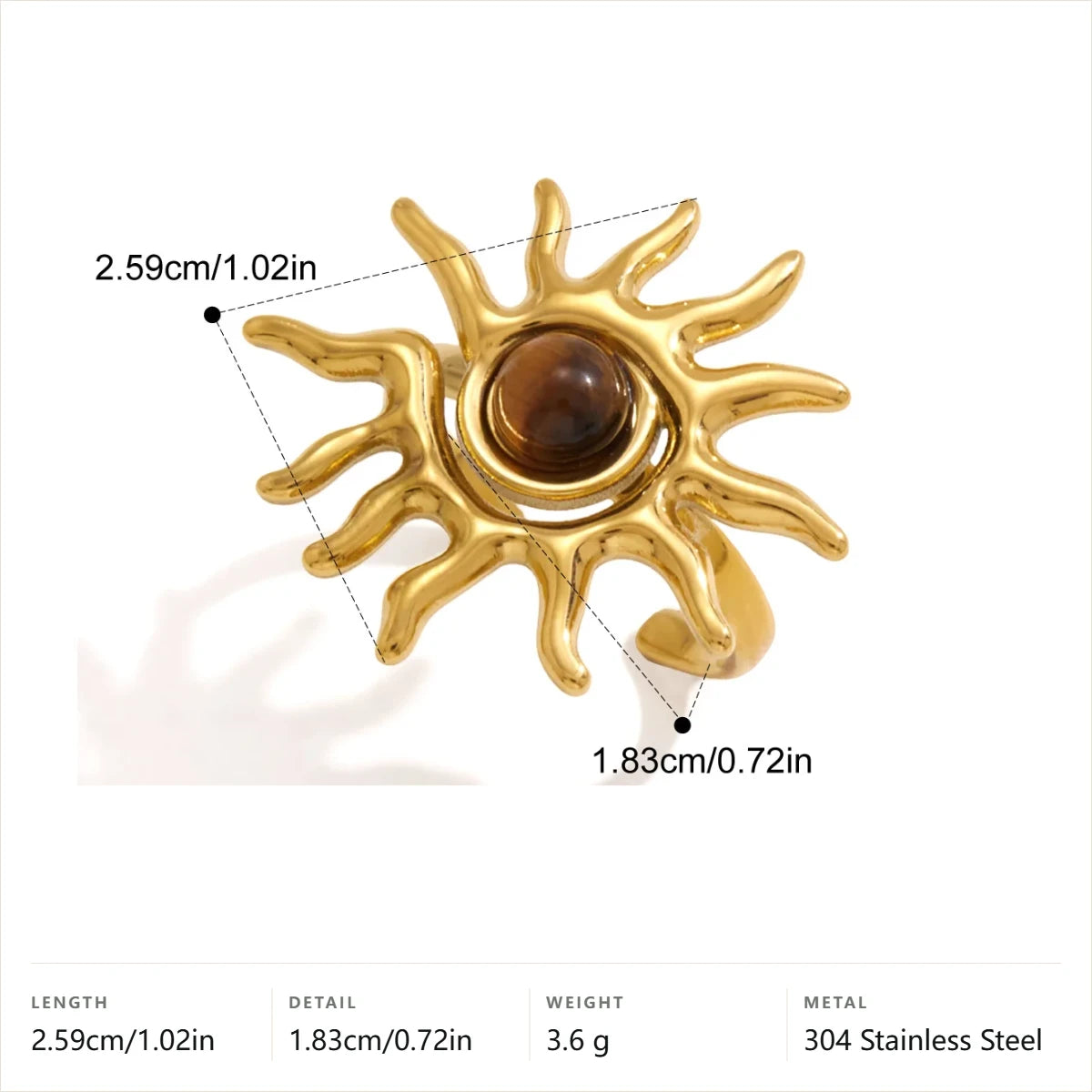 Hammered Sun Face Ring — Tiger Eye Sunburst · Gold