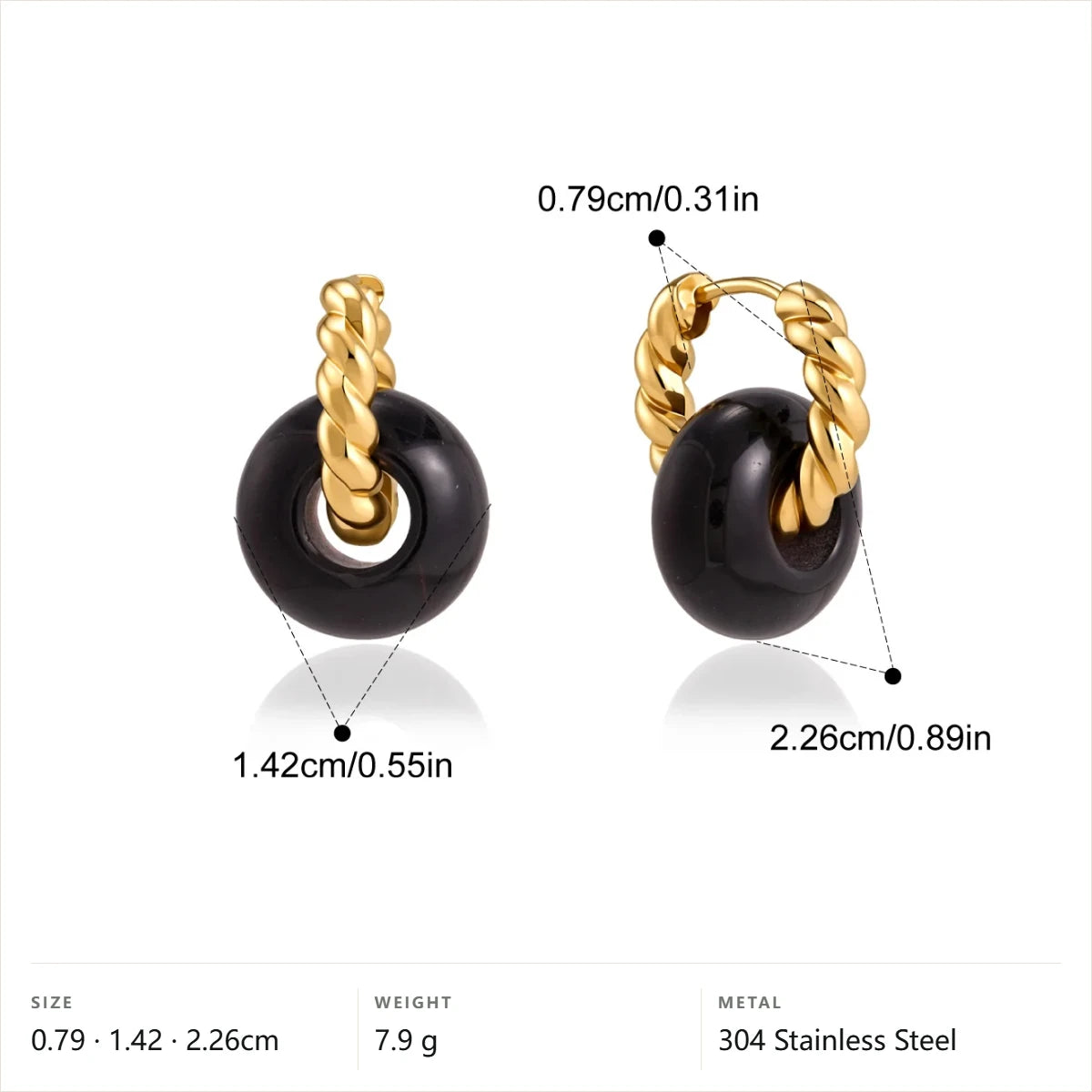Two-Tone Twist Natural Stone Hoop Earrings — Black Onyx · Gold