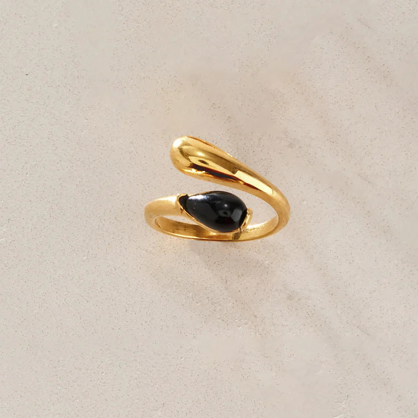Chunky Cabochon Medallion Ring — Black Teardrop Bypass Ring · Gold · Adjustable