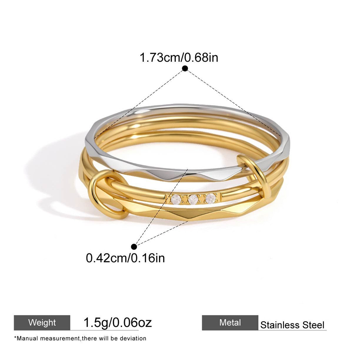 Interlocking Stainless Steel Ring Series — Faceted Triple Band Ring · Two Tone · 7