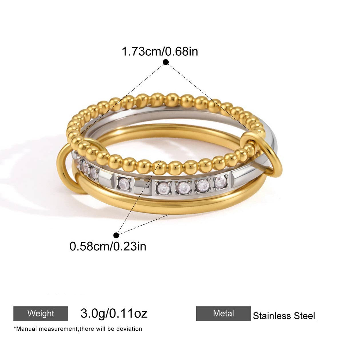Interlocking Stainless Steel Ring Series — Beaded Pavé Triple Band Ring · Two Tone · 7