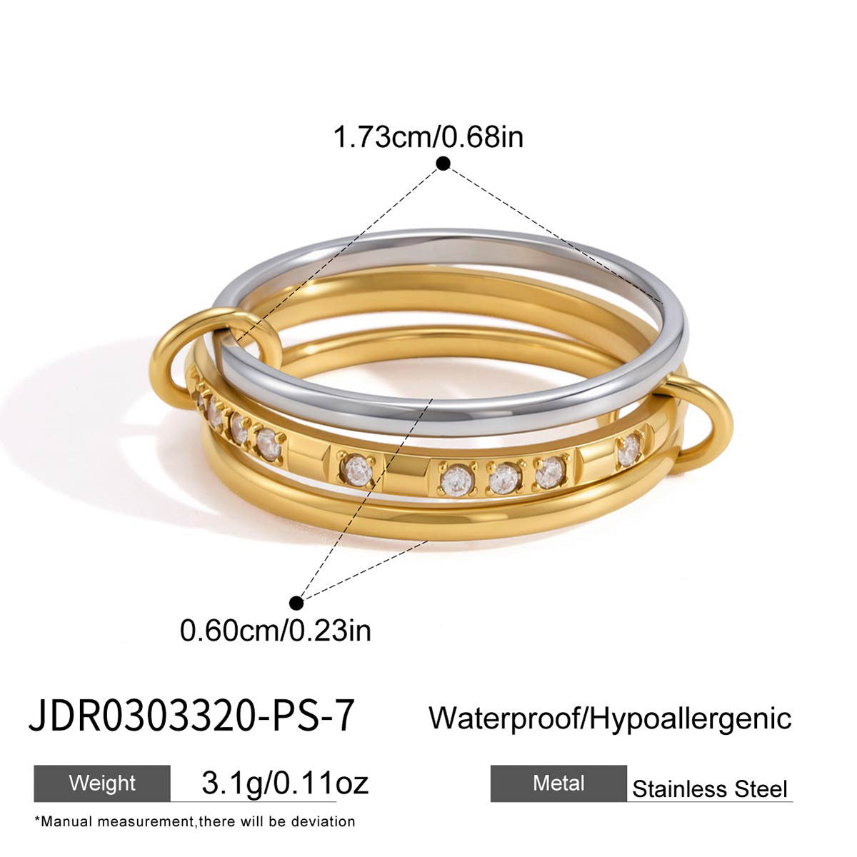 Interlocking Stainless Steel Ring Series — Spaced Pavé Triple Band Ring · Two Tone · 7