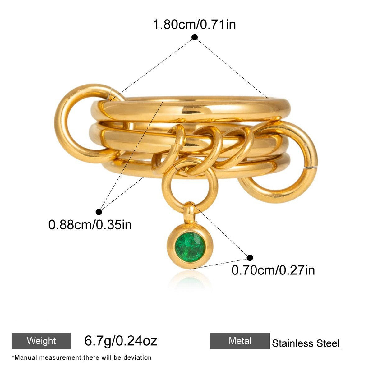 Interlocking Stainless Steel Ring Series — Dangling CZ Multi-Band Ring · Gold/green · 8