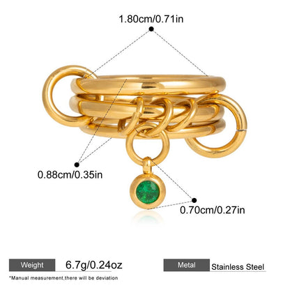 Interlocking Stainless Steel Ring Series — Dangling CZ Multi-Band Ring · Gold/green · 8