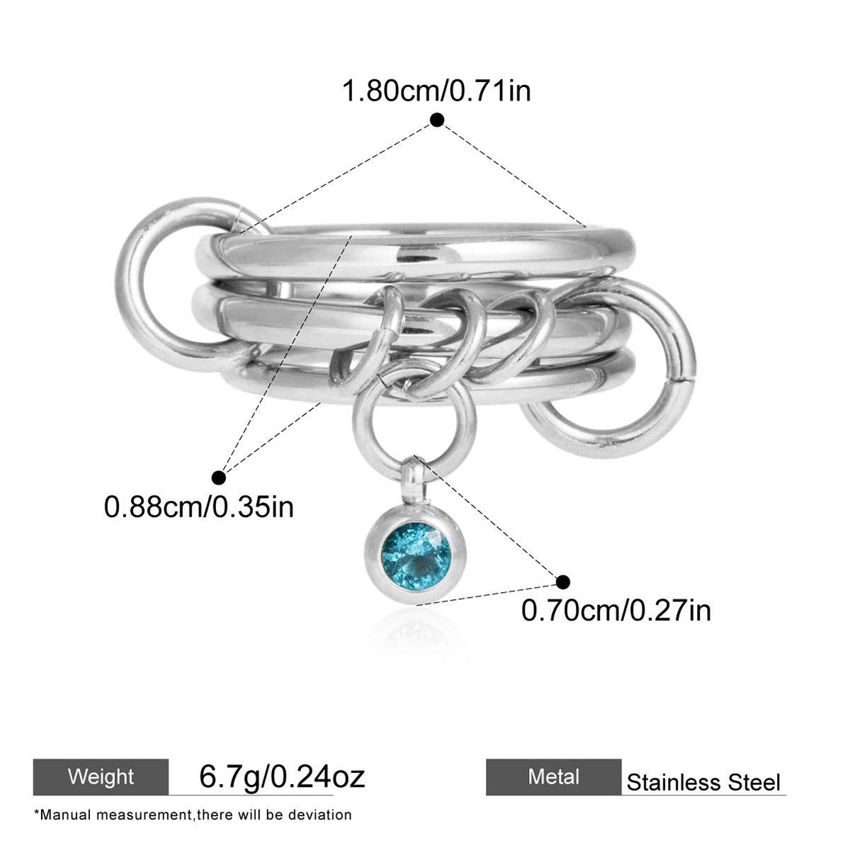 Interlocking Stainless Steel Ring Series — Dangling CZ Multi-Band Ring · Silver/blue · 8