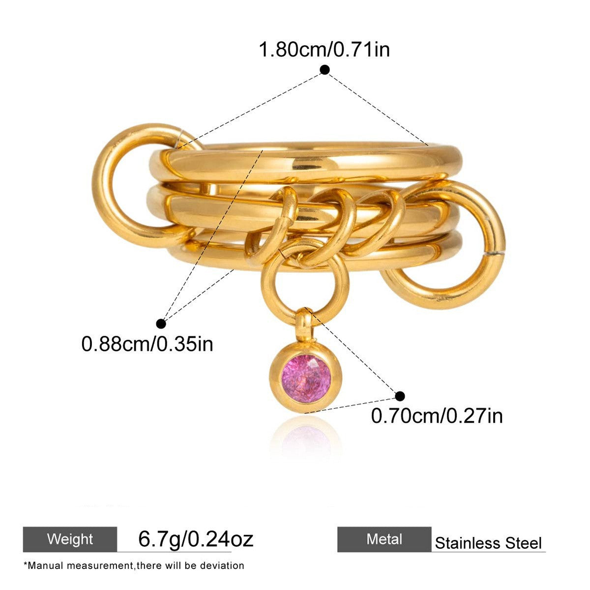 Interlocking Stainless Steel Ring Series — Dangling CZ Multi-Band Ring · Gold/pink · 8