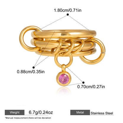 Interlocking Stainless Steel Ring Series — Dangling CZ Multi-Band Ring · Gold/pink · 8