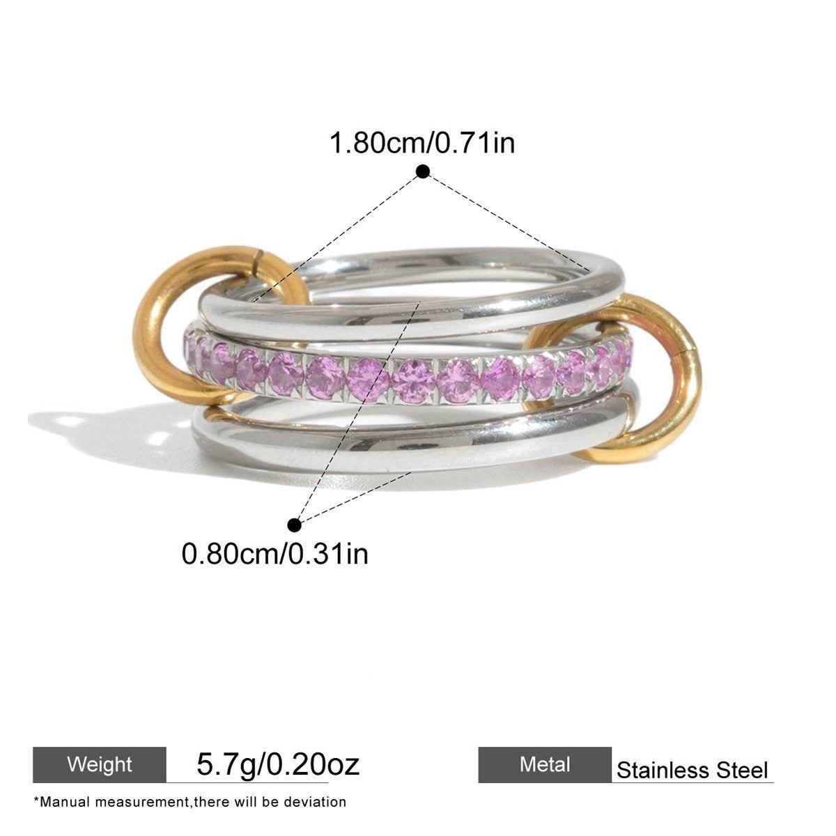 Interlocking Stainless Steel Ring Series — Pavé Triple Link Ring · Silver/pink · 8