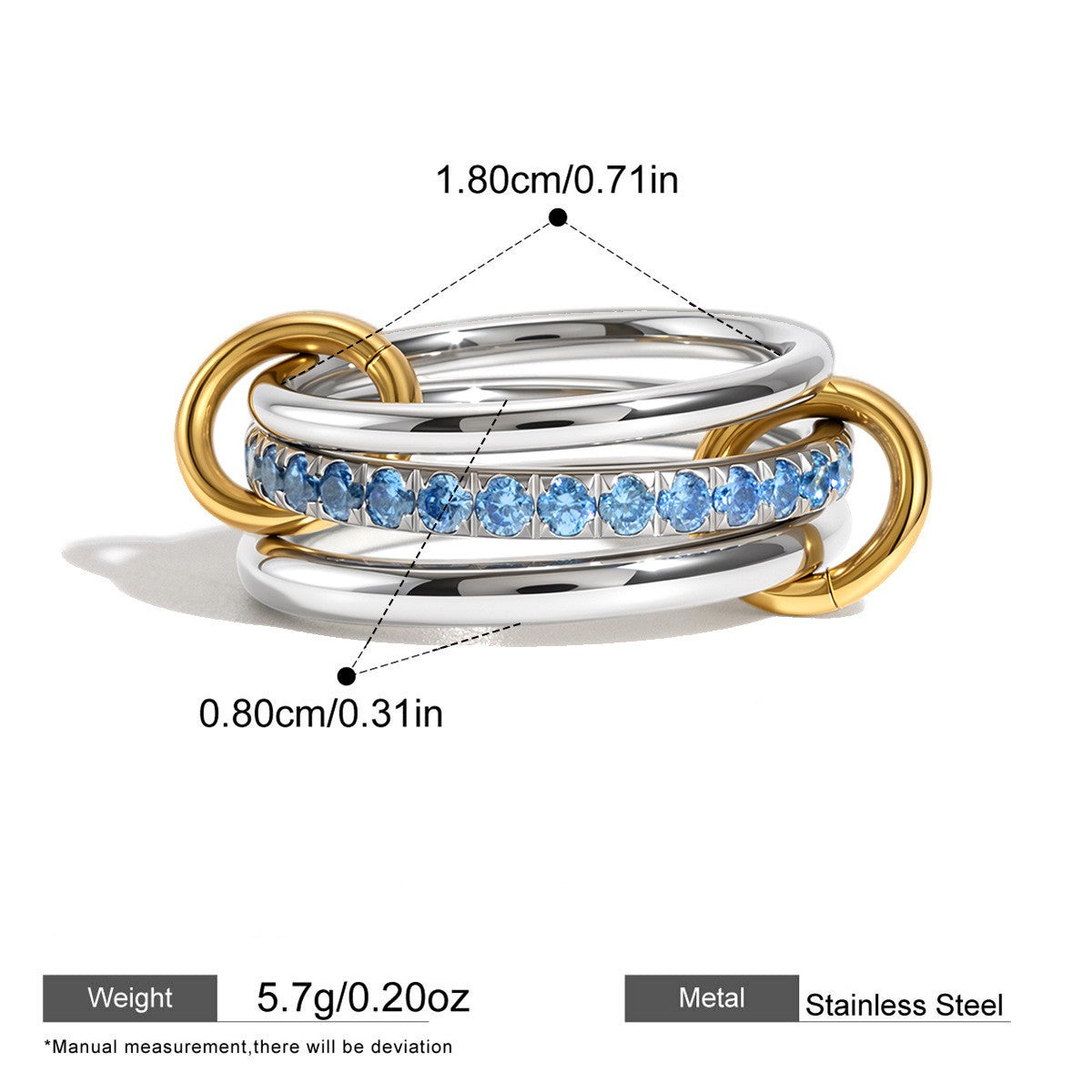 Interlocking Stainless Steel Ring Series — Pavé Triple Link Ring · Silver/blue · 8