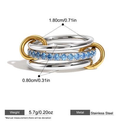Interlocking Stainless Steel Ring Series — Pavé Triple Link Ring · Silver/blue · 8