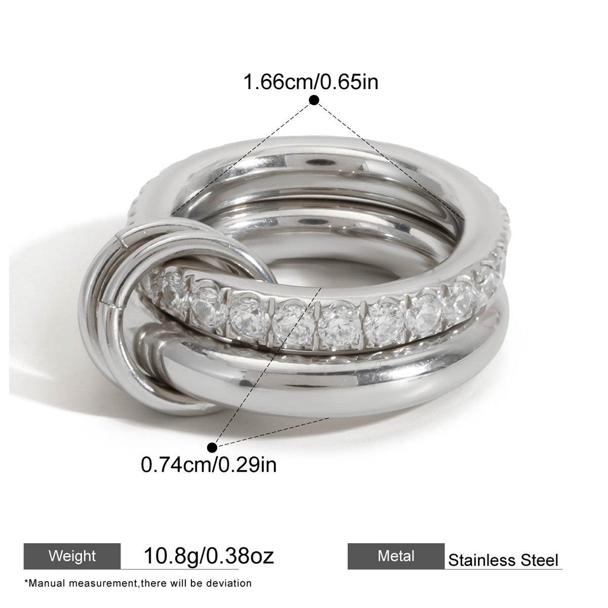 Interlocking Stainless Steel Ring Series — Pavé Double Link Ring · Silver · 6