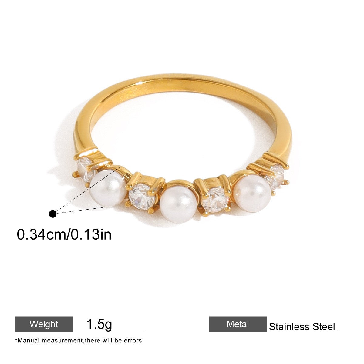 Interlocking Stainless Steel Ring Series — Alternating Pearl & CZ Ring · Gold · 7