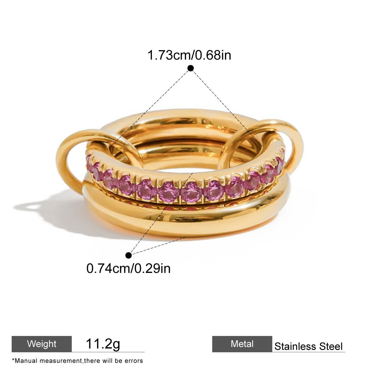 Interlocking Stainless Steel Ring Series — Pavé Double Link Ring · Gold/pink · 7