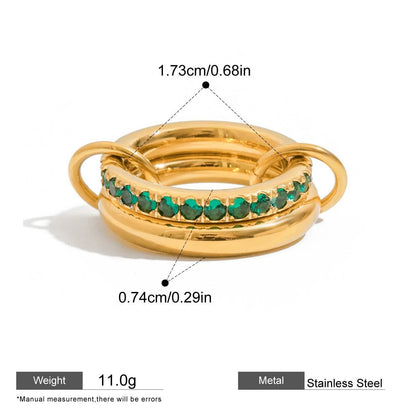 Interlocking Stainless Steel Ring Series — Pavé Double Link Ring · Gold/green · 7