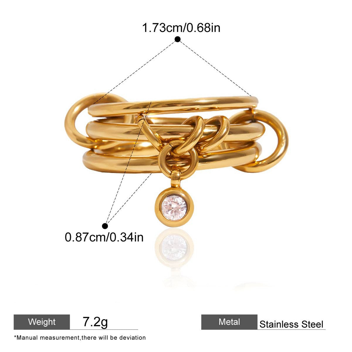 Interlocking Stainless Steel Ring Series — Dangling CZ Multi-Band Ring · Gold · 7