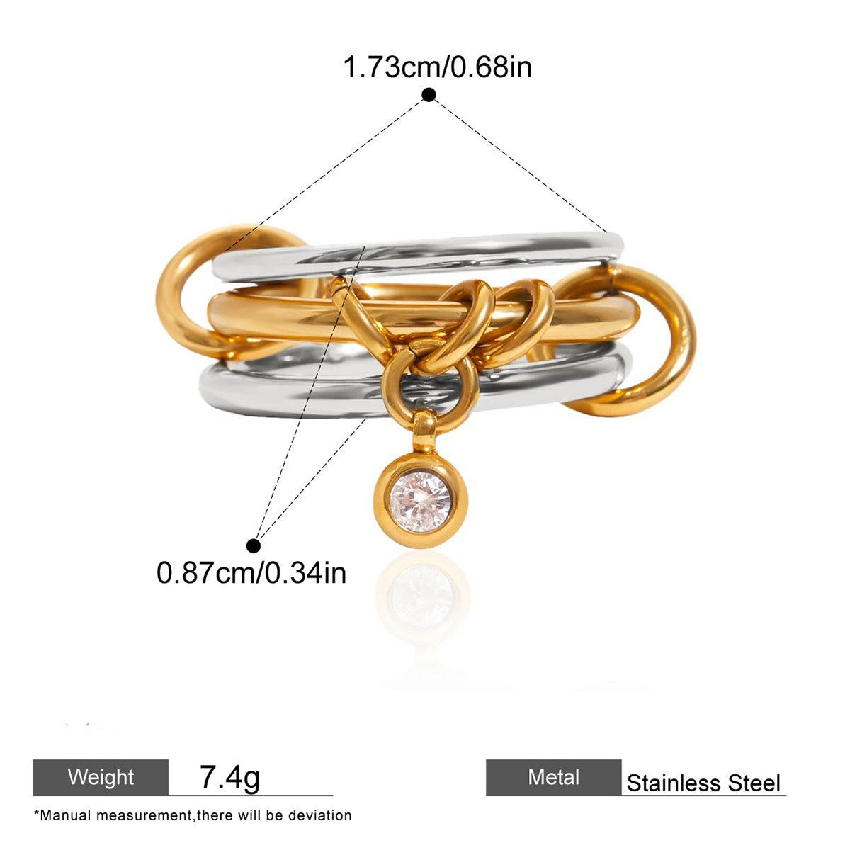 Interlocking Stainless Steel Ring Series — Dangling CZ Multi-Band Ring · Two Tone · 7