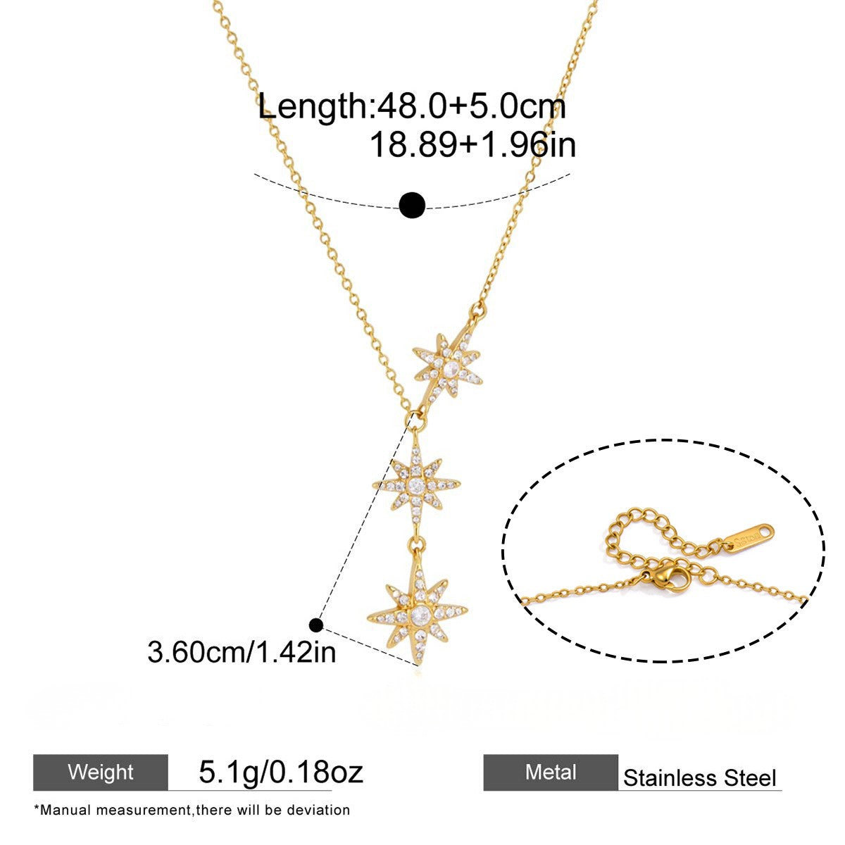 Celestial Moon & Star Layered Necklace — Y-Lariat with 3 Descending Stars · Gold