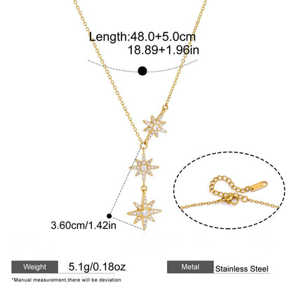 Celestial Moon & Star Layered Necklace — Y-Lariat with 3 Descending Stars · Gold