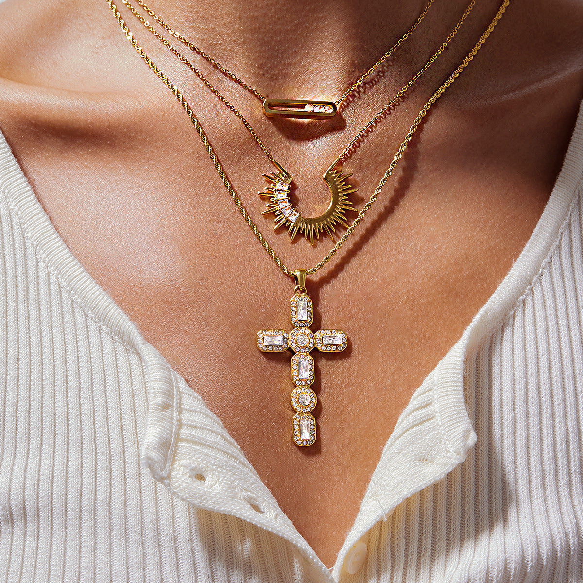 Sunburst Cross Layered Necklace Set — view 2