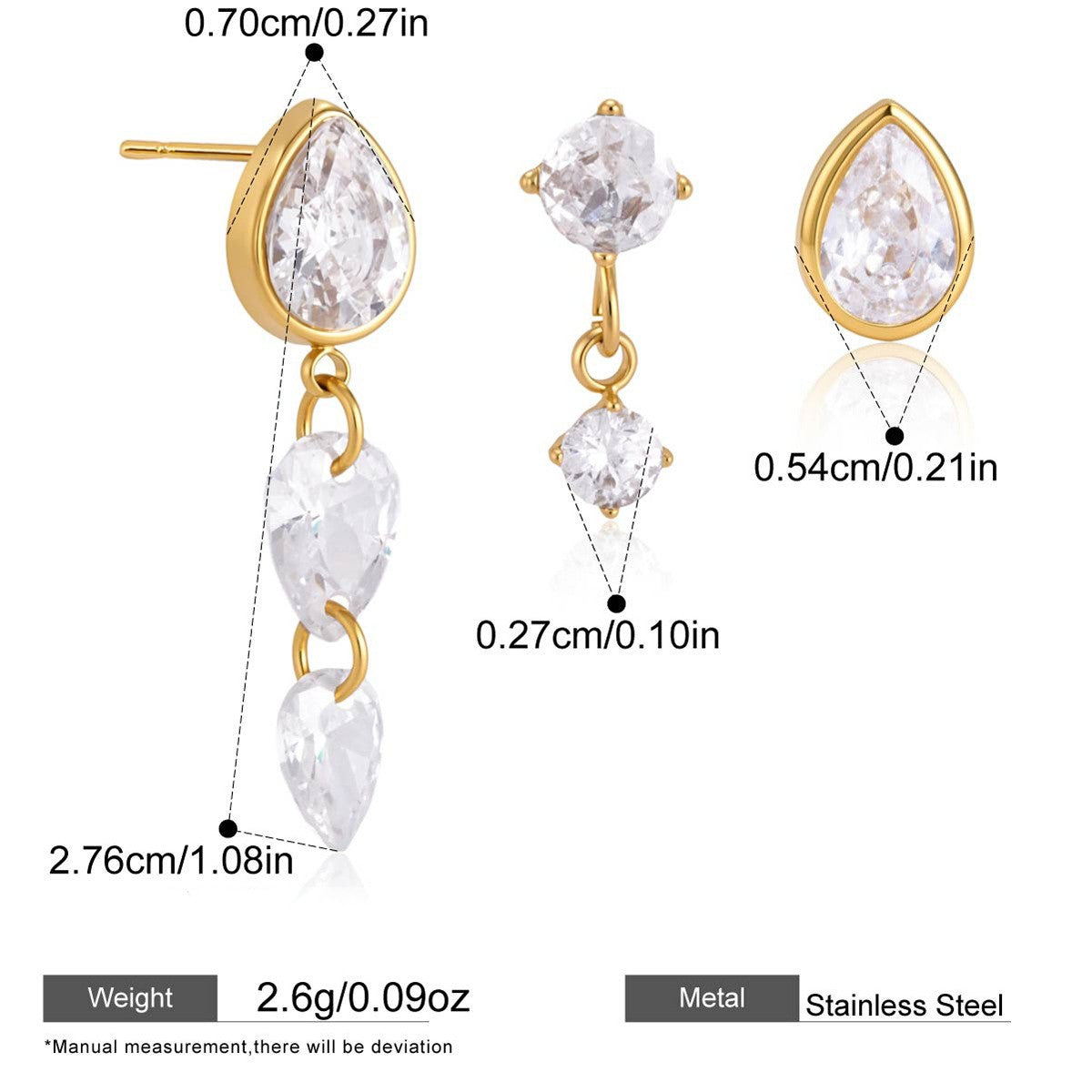 Geometric Cubic Zirconia Drop Earring Collection — Triple Teardrop Dangle Earrings · Gold