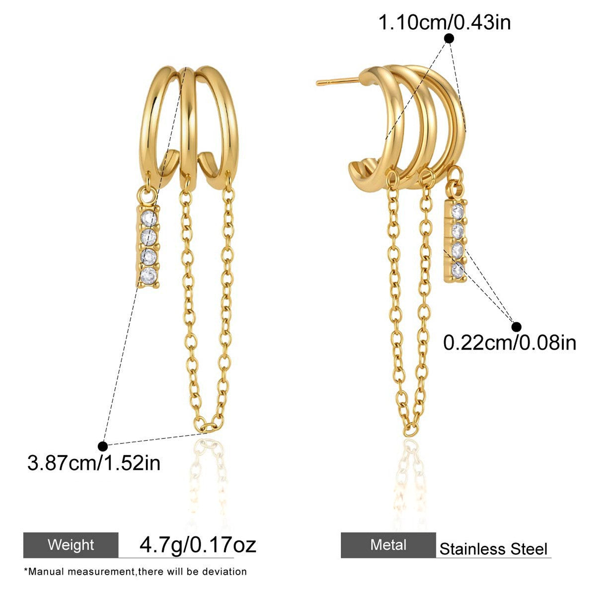 Double Hoop Drop Earrings with CZ Tassel Vintage Collection — Asymmetric Tassel Chain · Gold