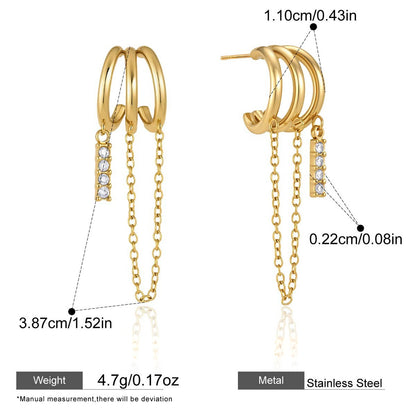 Double Hoop Drop Earrings with CZ Tassel Vintage Collection — Asymmetric Tassel Chain · Gold