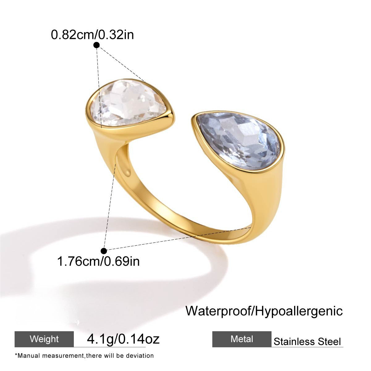 Azure Light Stainless Steel CZ Ring Collection — Two-Tone Teardrop Open Ring · Gold