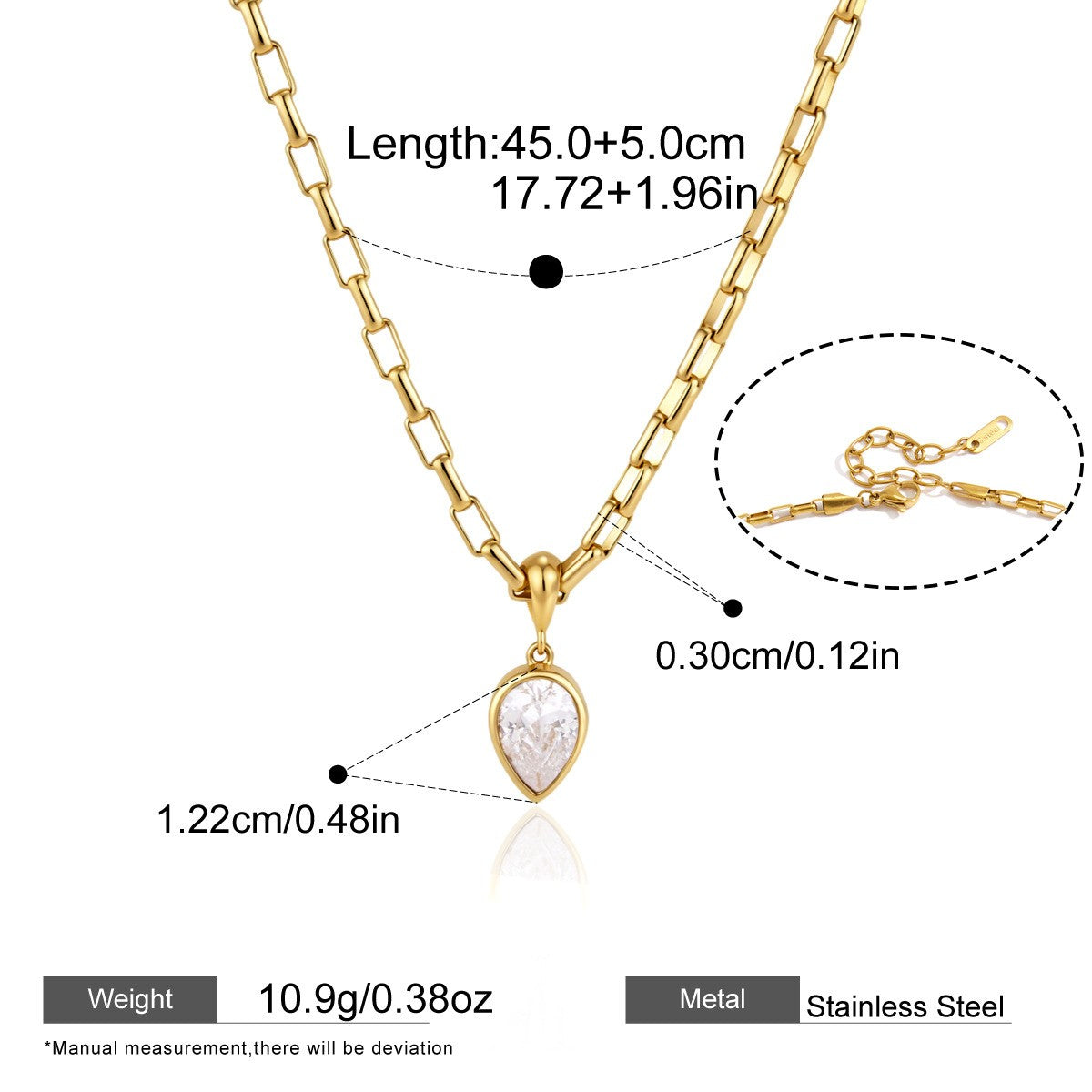 Geometric Solitaire Necklace Collection — Teardrop Bezel Box Chain · Gold