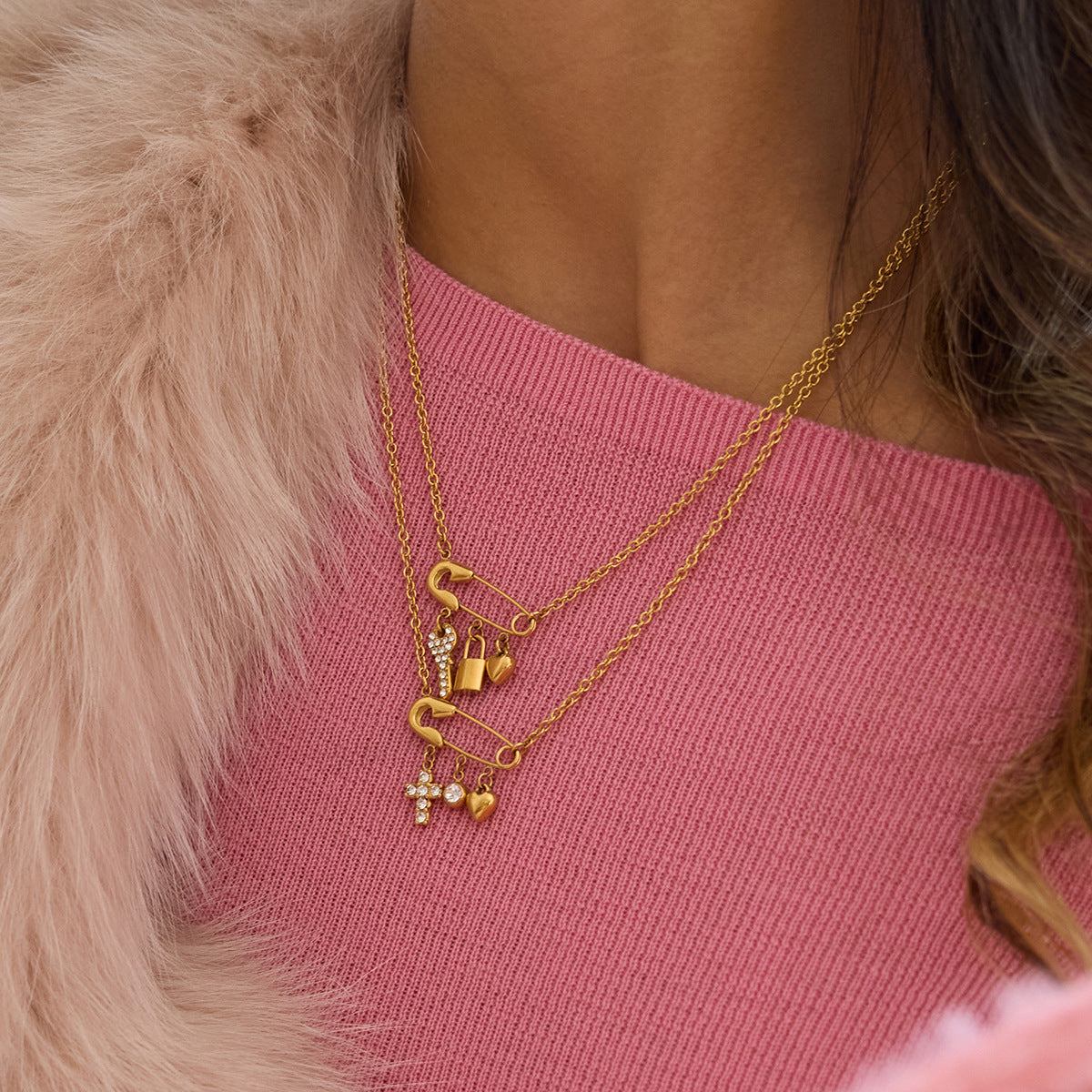Safety Pin Drop Necklace with Cubic Zirconia — view 6
