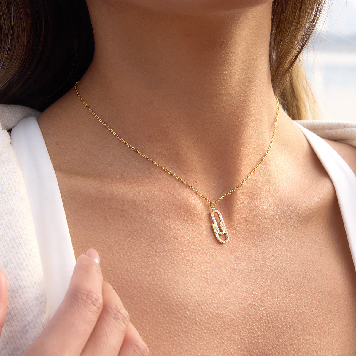 Safety Pin Drop Necklace with Cubic Zirconia — view 4