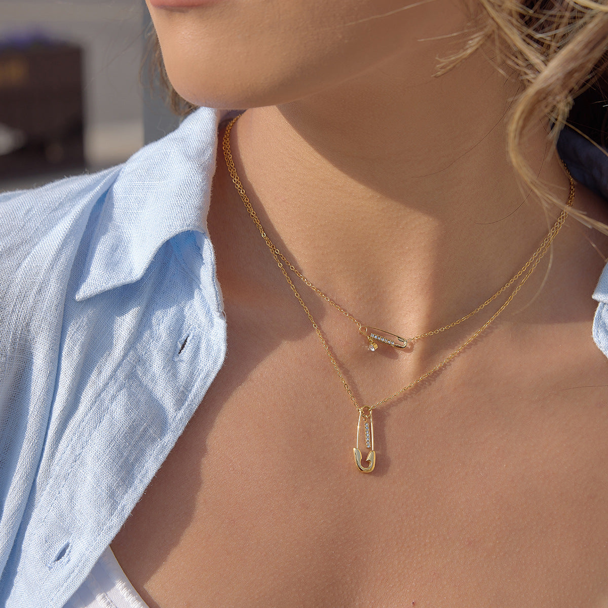 Safety Pin Drop Necklace with Cubic Zirconia — view 5