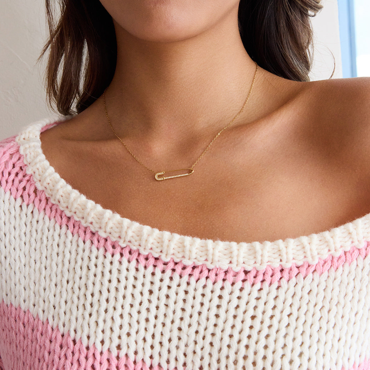 Safety Pin Drop Necklace with Cubic Zirconia — view 3