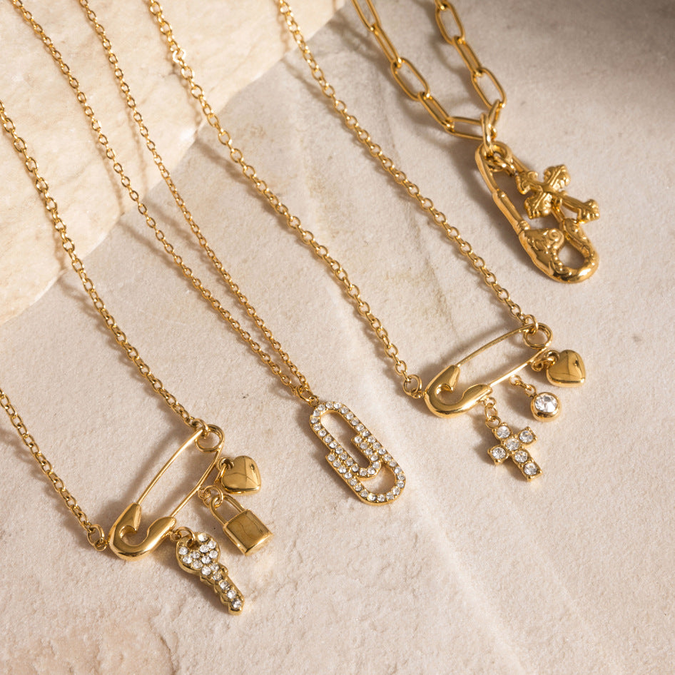 Safety Pin Drop Necklace with Cubic Zirconia — view 7