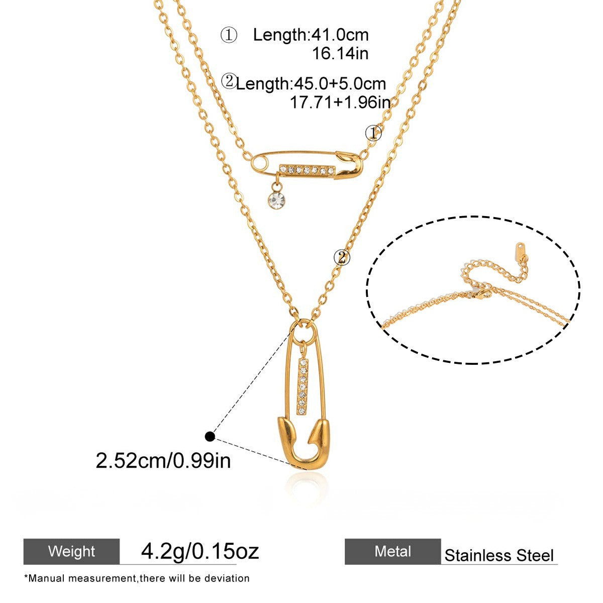 Safety Pin Drop Necklace with Cubic Zirconia — Layered Safety Pin Drop Necklace · Gold