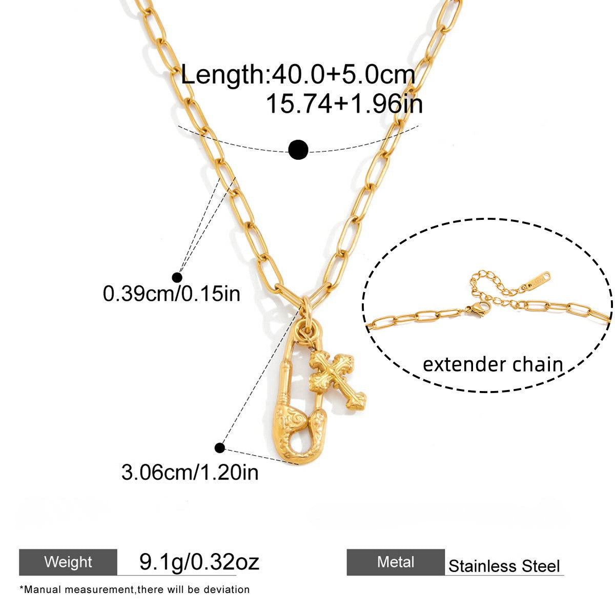 Safety Pin Drop Necklace with Cubic Zirconia — Chunky Cross Safety Pin Necklace · Gold