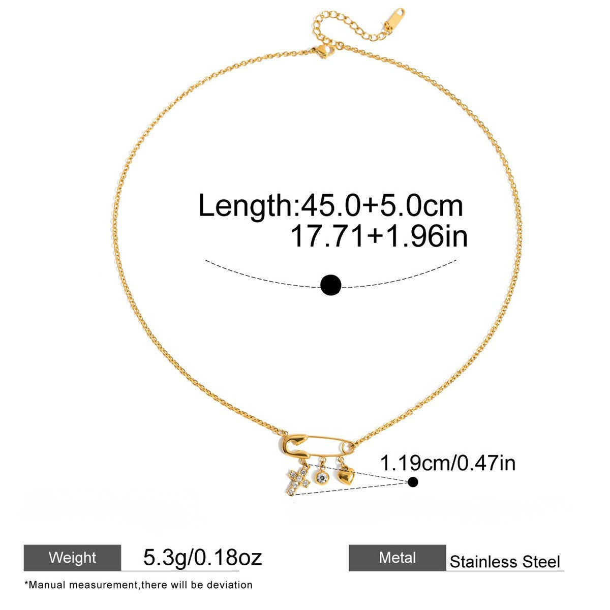 Safety Pin Drop Necklace with Cubic Zirconia — Triple Charm Safety Pin Necklace · Gold