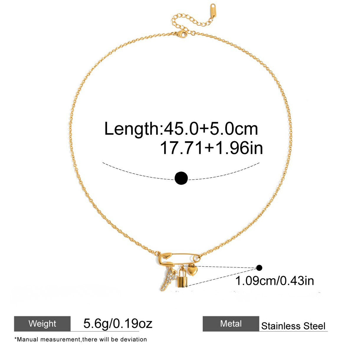 Safety Pin Drop Necklace with Cubic Zirconia — Key & Lock Safety Pin Necklace · Gold