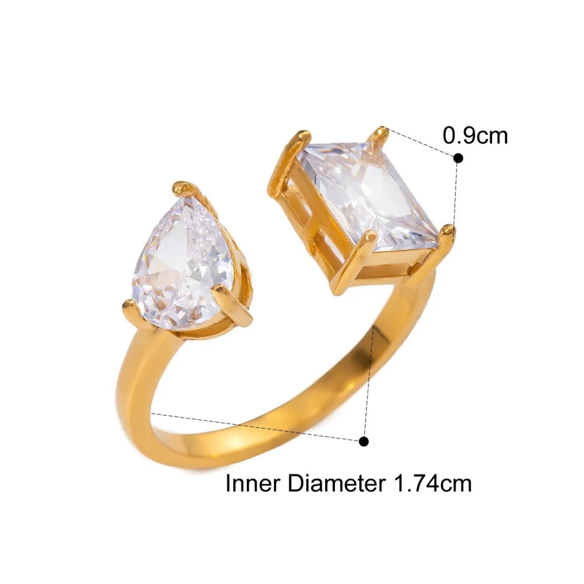 Dual Stone Zirconia Open Ring Series — Baguette & Square Open Ring · Gold
