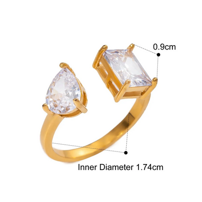 Dual Stone Zirconia Open Ring Series — Baguette & Square Open Ring · Gold