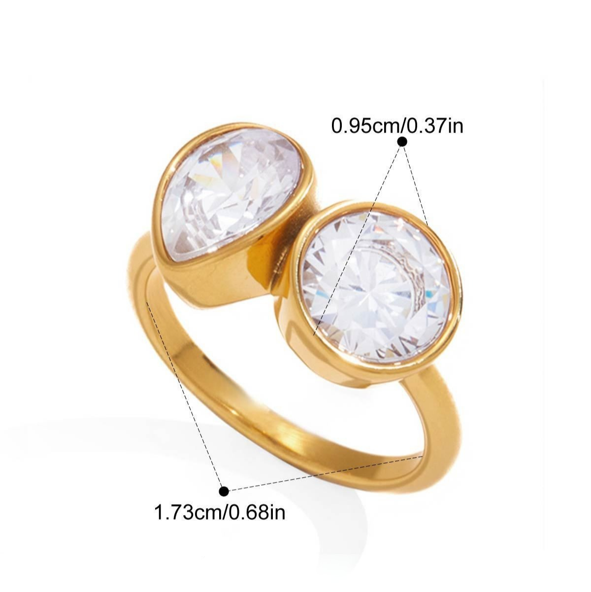 Dual Stone Zirconia Open Ring Series — Adjustable Pear Duo Ring · Gold