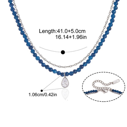 Blue Bead & T-Bar CZ Layering Set — Blue Bead Drop Necklace · Silver