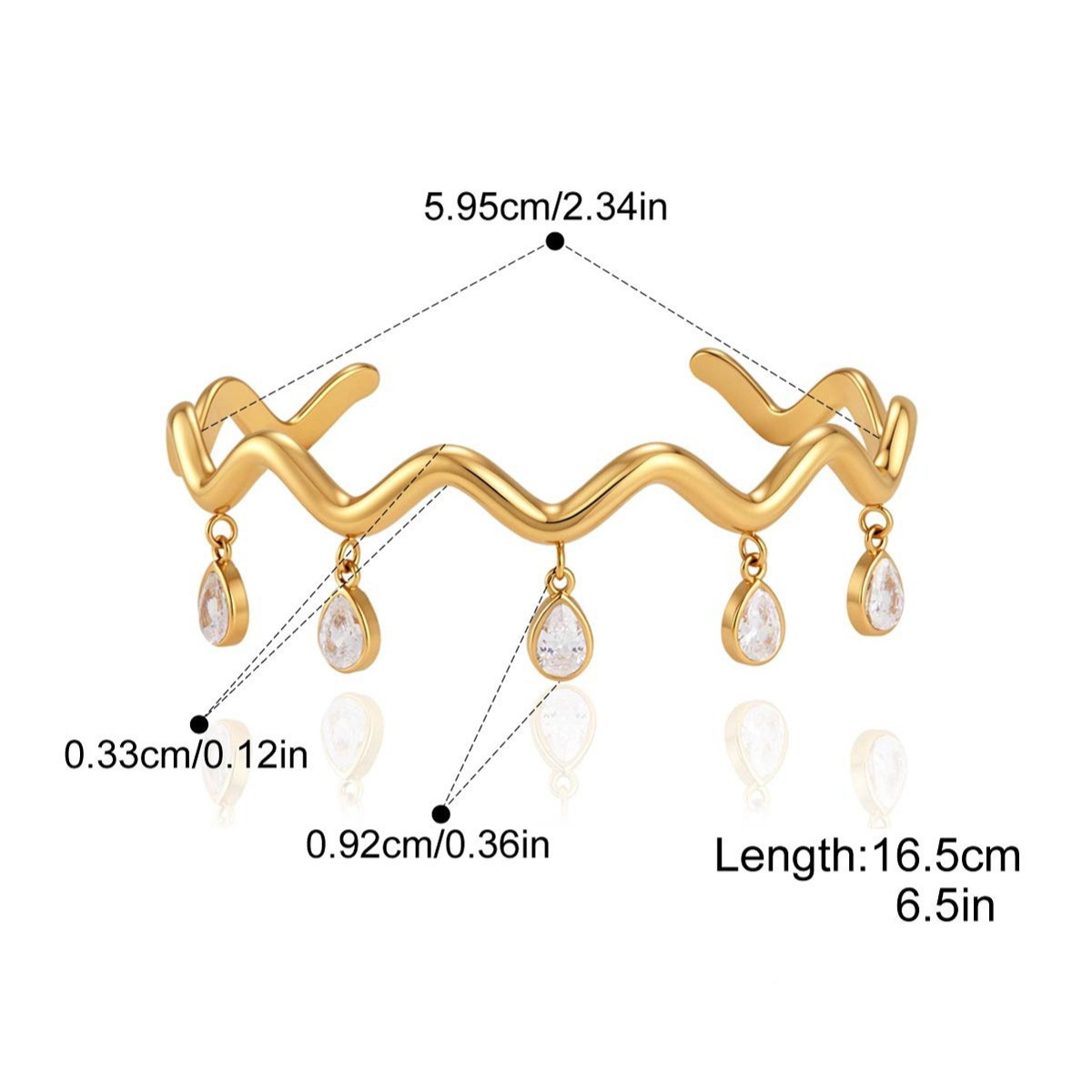 Wavy CZ Bangle & Bracelet Series — Wavy Teardrop Dangle Bangle · Gold
