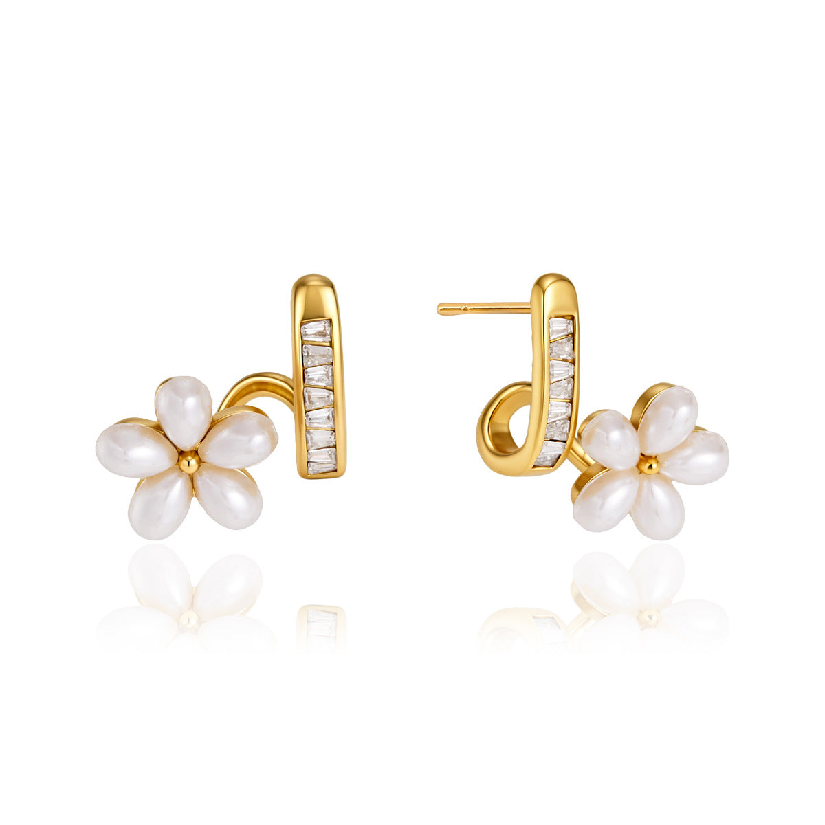 Pearl Flower CZ Huggie Hoop Earrings