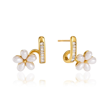 Pearl Flower CZ Huggie Hoop Earrings