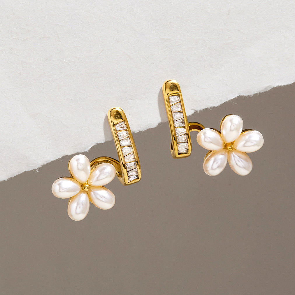 Pearl Flower CZ Huggie Hoop Earrings — view 3