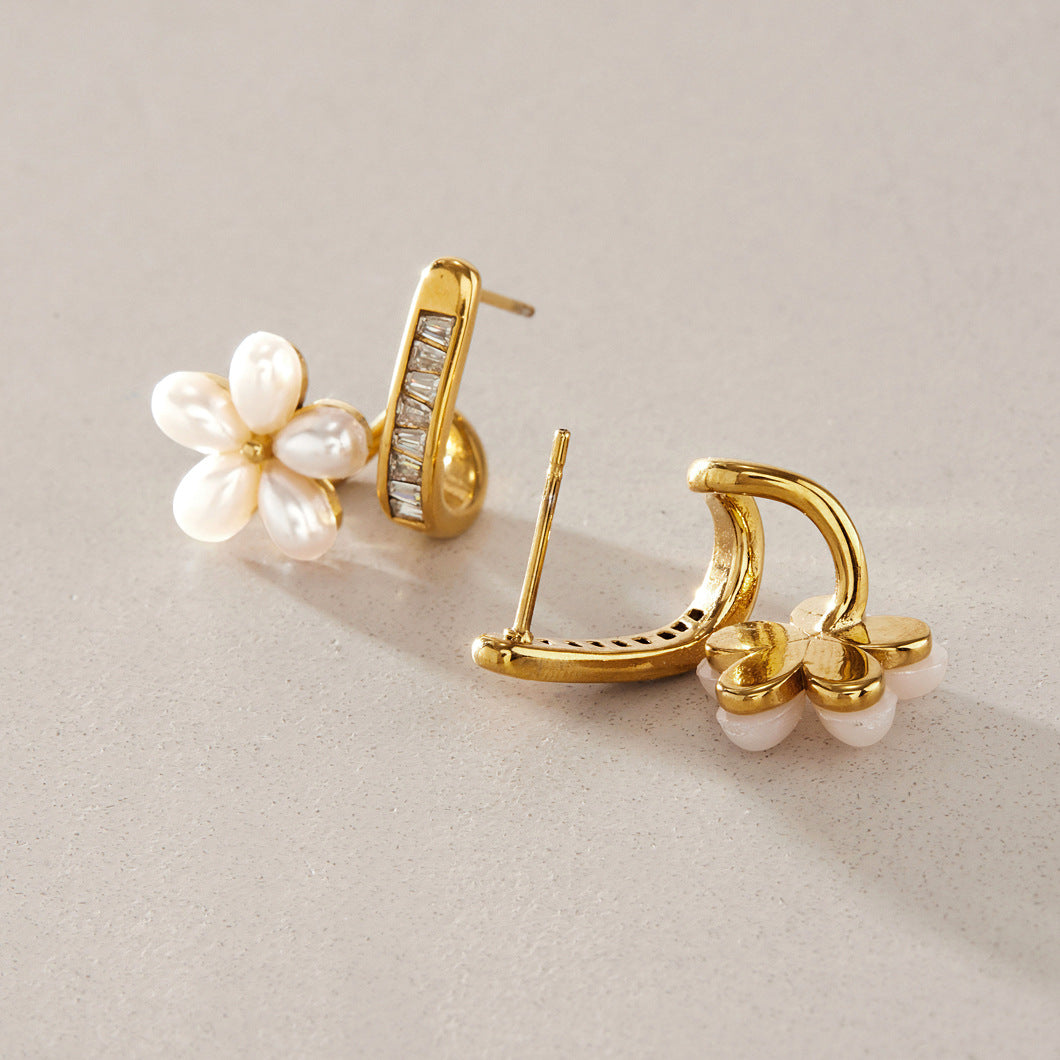 Pearl Flower CZ Huggie Hoop Earrings — view 4